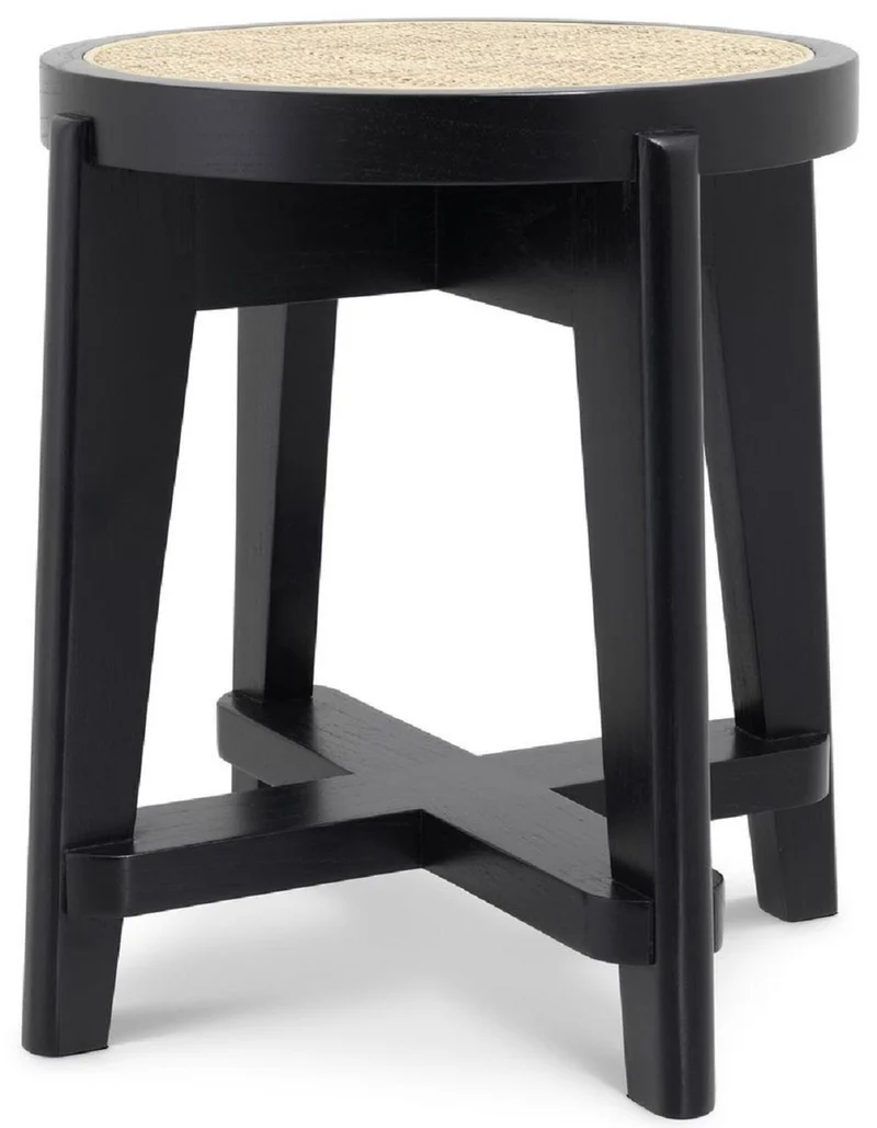 Casa Padrino Luxus Hocker Schwarz / Naturfarben Ø 44,5 x H. 47 cm - Runder Massivholz Sitzhocker mit Rattangeflecht - Wohnzimmer Möbel