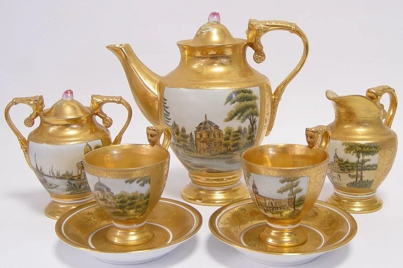 Casa Padrino Barock Kaffeeservice Gold / Mehrfarbig H. 19,5 cm - Edles Porzellan Geschirr