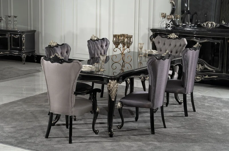 Casa Padrino Luxus Barock Esszimmer Stuhl mit Armlehnen Silber / Schwarz / Silber - Prunkvoller Barockstil Küchen Stuhl - Luxus Esszimmer Möbel im Barockstil - Barock Möbel - Edel & Prunkvoll