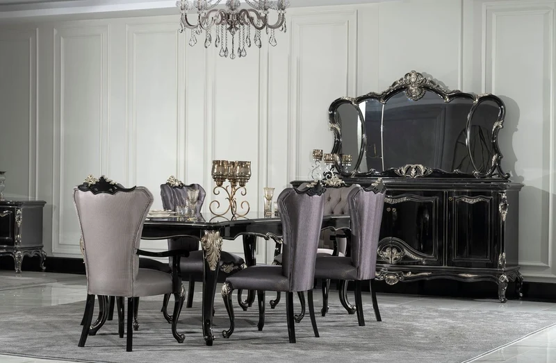 Casa Padrino Luxus Barock Esszimmer Stuhl mit Armlehnen Silber / Schwarz / Silber - Prunkvoller Barockstil Küchen Stuhl - Luxus Esszimmer Möbel im Barockstil - Barock Möbel - Edel & Prunkvoll