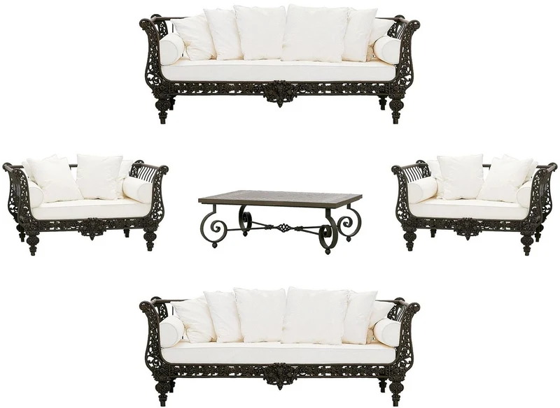 Casa Padrino Luxus Barock Schmiedeeisen Möbel Set Dunkelbraun / Weiß - 2 Luxus Sofas & 2 Luxus Sessel & 1 Luxus Couchtisch - Wohnzimmer Möbel - Garten Möbel - Hotel Möbel - Luxus Barock Möbel
