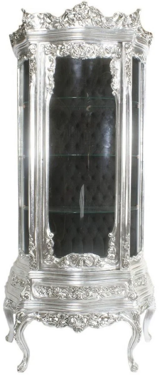 Casa Padrino Barock Vitrine Silber / Schwarz 80 x 40 x H. 200 cm - Prunkvoller Barock Vitrinenschrank mit Glastür und wunderschönen Verzierungen - Barock Möbel