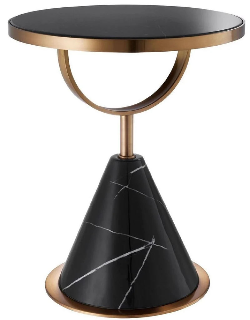 Casa Padrino Luxus Edelstahl Beistelltisch mit Kunstmarmor Schwarz / Kupferfarben Ø 49,5 x H. 60,5 cm - Wohnzimmer Möbel