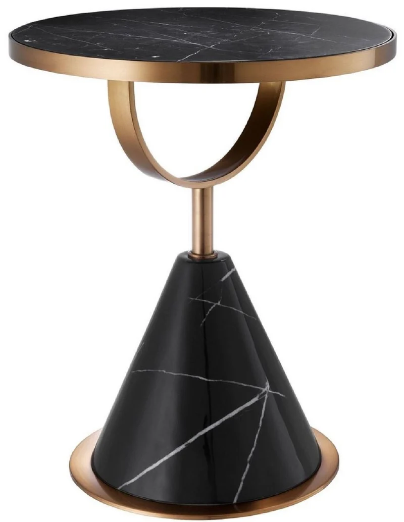 Casa Padrino Luxus Edelstahl Beistelltisch mit Kunstmarmor Schwarz / Kupferfarben Ø 49,5 x H. 60,5 cm - Wohnzimmer Möbel