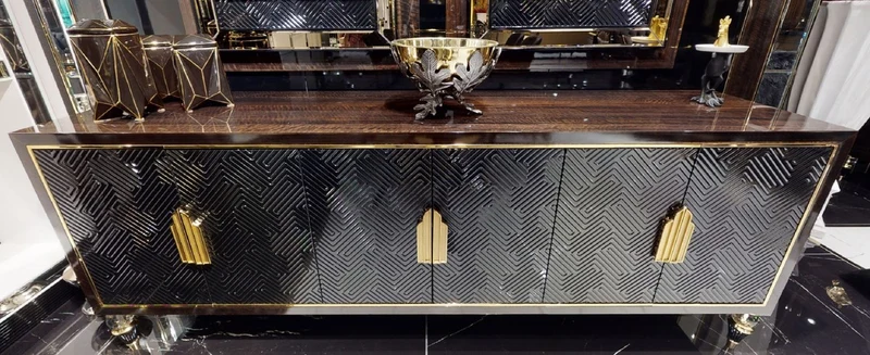 Casa Padrino Luxus Möbel Set Dunkelbraun / Schwarz / Gold - 1 Luxus Sideboard mit 6 Türen & 2 Luxus Wandspiegel - Luxus Möbel - Luxus Einrichtung