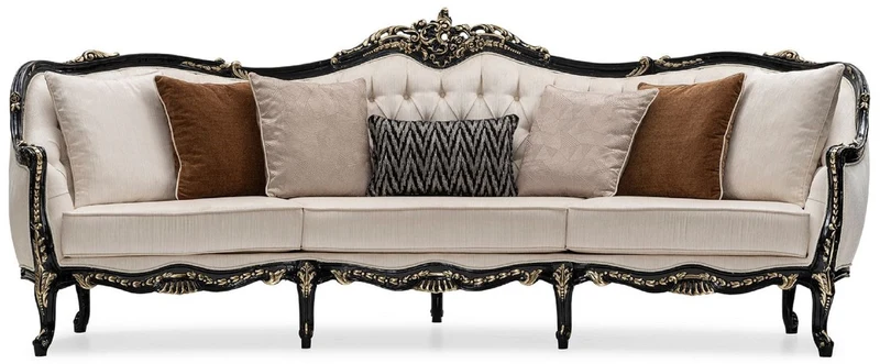 Casa Padrino Luxus Barock Wohnzimmer Set Creme / Schwarz / Gold - 2 Sofas & 2 Sessel & 1 Couchtisch & 2 Beistelltische - Handgefertigte Wohnzimmer Möbel im Barockstil - Edel & Prunkvoll