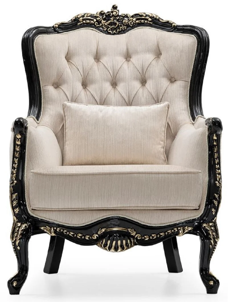Casa Padrino Luxus Barock Wohnzimmer Set Creme / Schwarz / Gold - 2 Sofas & 2 Sessel & 1 Couchtisch & 2 Beistelltische - Handgefertigte Wohnzimmer Möbel im Barockstil - Edel & Prunkvoll