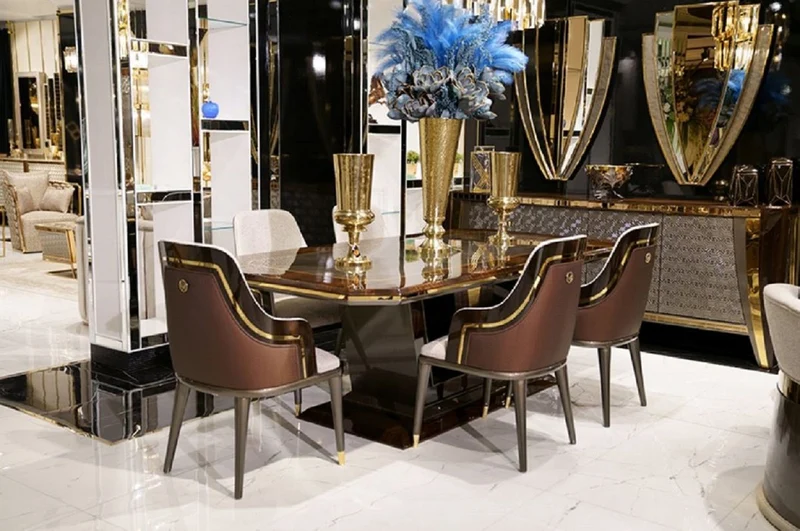 Casa Padrino Luxus Esstisch Grau / Braun / Gold 226 x 112 x H. 70 cm - Rechteckiger Massivholz Küchentisch - Esszimmer Möbel - Luxus Möbel - Luxus Kollektion