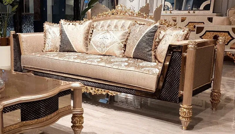Casa Padrino Luxus Barock Wohnzimmer Sofa Gold / Schwarz / Grau / Gold - Handgefertigtes Barockstil Sofa - Luxus Wohnzimmer Möbel im Barockstil - Barock Möbel - Edel & Prunkvoll