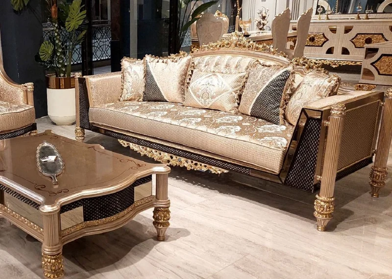 Casa Padrino Luxus Barock Wohnzimmer Sofa Gold / Schwarz / Grau / Gold - Handgefertigtes Barockstil Sofa - Luxus Wohnzimmer Möbel im Barockstil - Barock Möbel - Edel & Prunkvoll