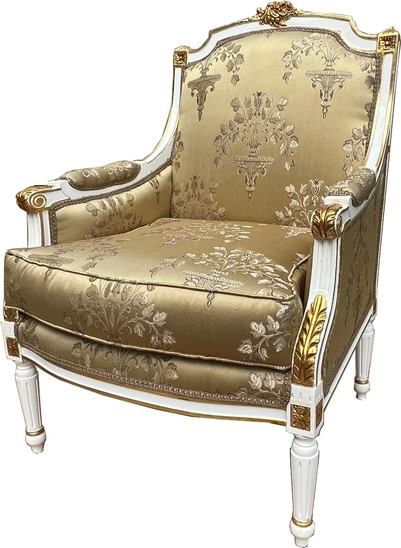 Casa Padrino Barock Lounge Thron Sessel Empire Gold Muster / Weiß / Gold - Interior Wohnzimmer Möbel Antik Stil