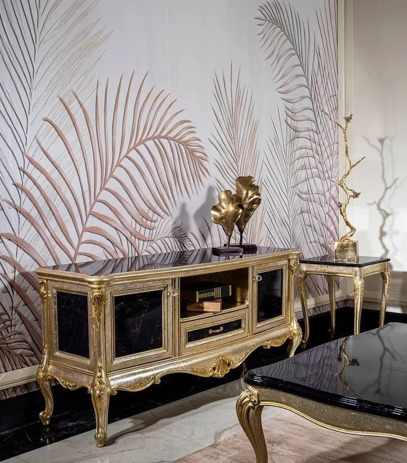 Casa Padrino Luxus Barock TV Schrank Silber / Schwarz / Gold - Prunkvolles Massivholz Sideboard mit 2 Türen und Schublade - Wohnzimmer Möbel im Barockstil - Barock Möbel - Edel & Prunkvoll