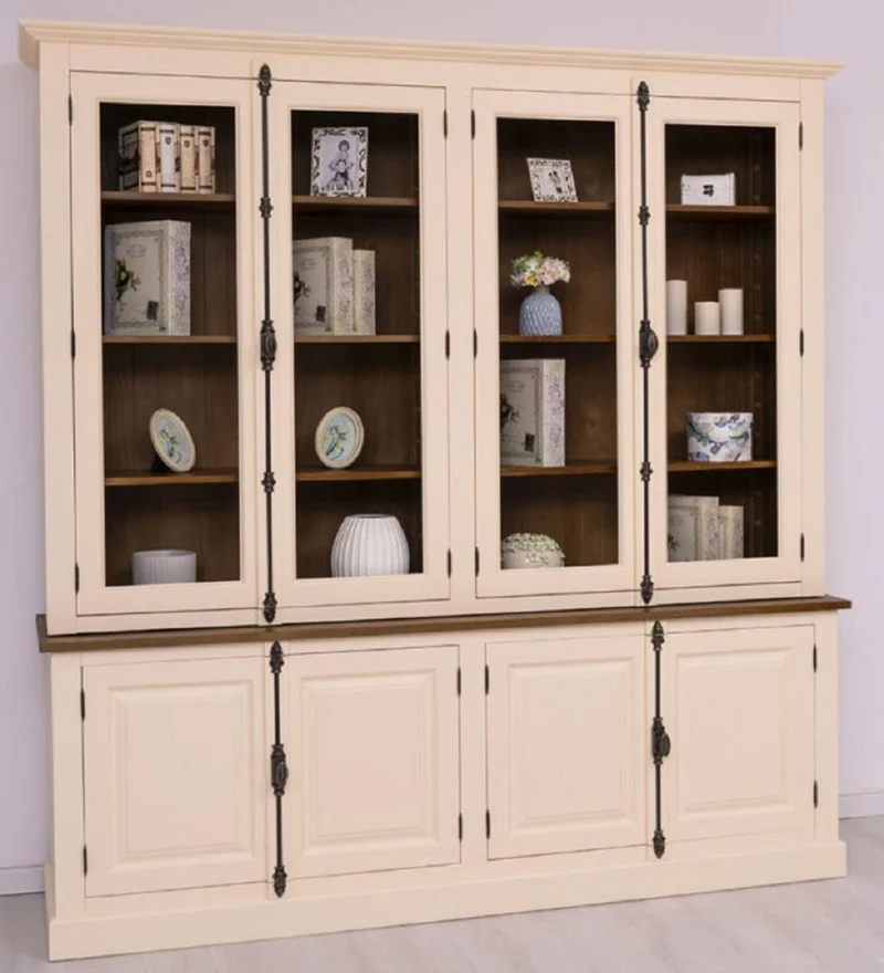 Casa Padrino Landhausstil Esszimmerschrank Creme / Braun 223 x 50 x H. 228 cm - Massivholz Küchenschrank - Esszimmer Möbel im Landhausstil - Landhausstil Esszimmer Einrichtung