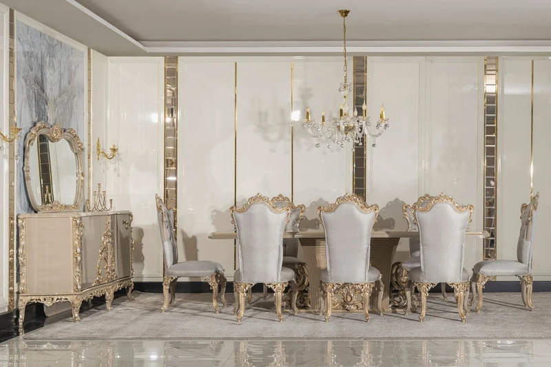 Casa Padrino Luxus Barock Esszimmer Stuhl 8er Set Silber / Grau / Gold - Prunkvolle Barockstil Küchen Stühle - Luxus Esszimmer Möbel im Barockstil - Barock Esszimmer Möbel - Barockstil Möbel