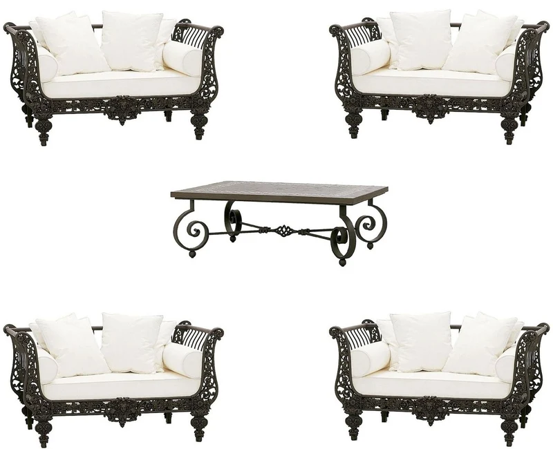 Casa Padrino Luxus Barock Schmiedeeisen Möbel Set Dunkelbraun / Weiß - 4 Luxus Sessel & 1 Luxus Couchtisch - Wohnzimmer Möbel - Garten Möbel - Hotel Möbel - Luxus Barock Möbel