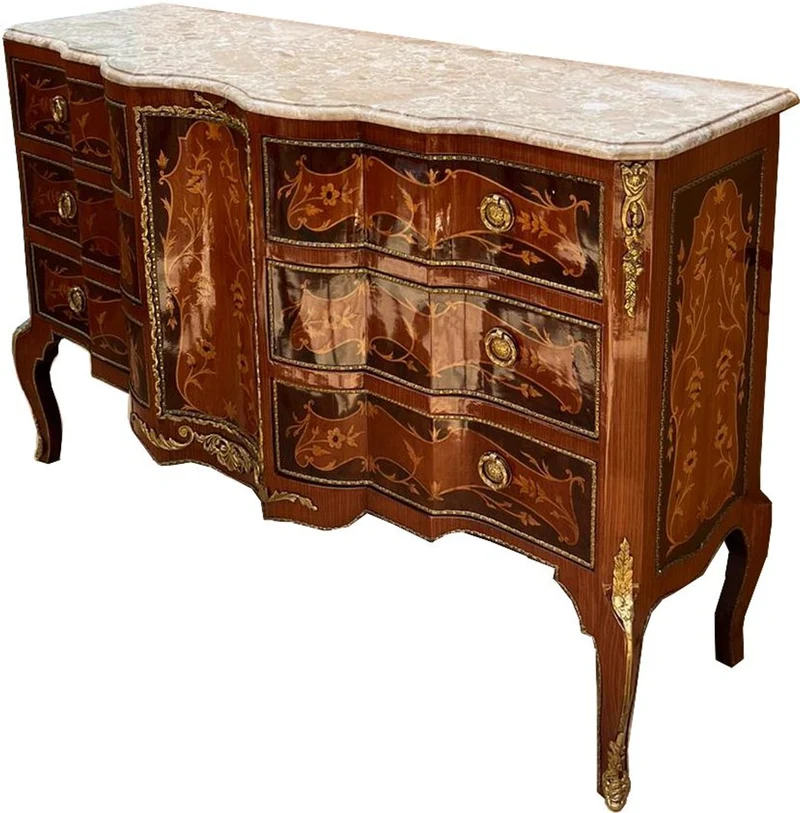 Casa Padrino Barock Kommode Braun / Gold / Creme 138 x 50 x H. 88 cm - Handgefertigte Massivholz Kommode mit 6 Schubladen und Marmorplatte