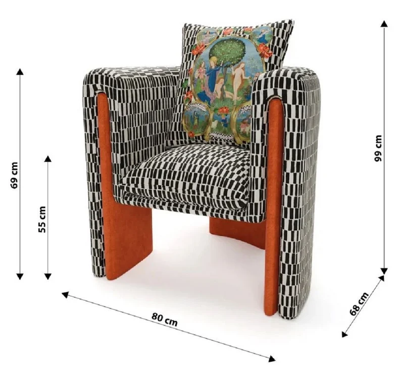 Casa Padrino Luxus Designer Samt Sessel mit Kissen Schwarz / Weiß / Orange 80 x 68 x H. 99 cm - Wohnzimmer Sessel - Hotel Sessel - Wohnzimmer Möbel - Hotel Möbel - Luxus Möbel - Designer Möbel