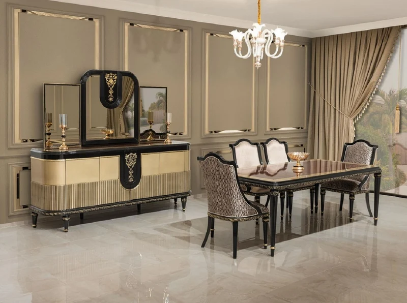 Casa Padrino Luxus Barock Esszimmer Set Silber Muster / Braun / Schwarz / Gold - 1 Barock Esstisch & 6 Barock Esszimmerstühle - Luxus Esszimmer Möbel im Barockstil - Barock Esszimmer Möbel