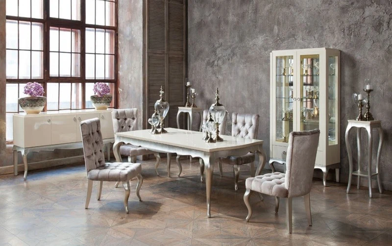 Casa Padrino Art Deco Esstisch Creme / Silber 189-240 x 108 x H. 76 cm - Ausziehbarer Massivholz Küchentisch - Art Deco Esszimmer Möbel