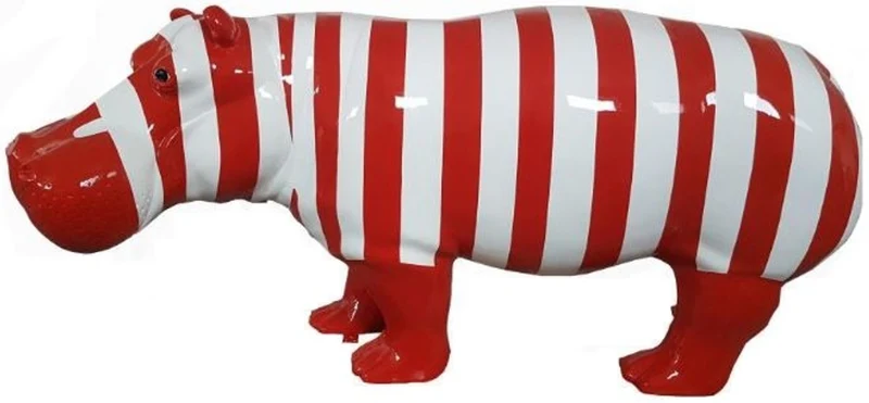 Casa Padrino Designer Dekofigur Nilpferd mit Streifen Rot / Weiß 180 x H. 79 cm - Deko Skulptur - Riesige Gartenfigur - Gartendekoration