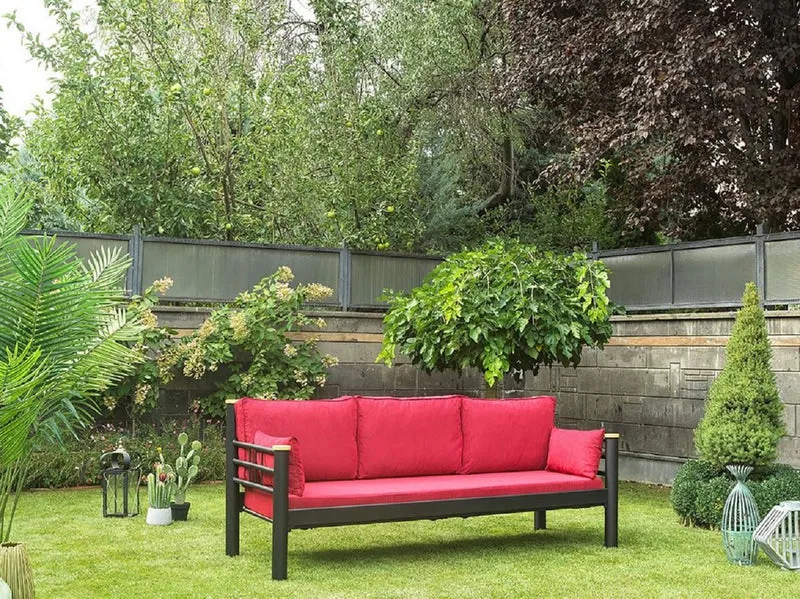 Casa Padrino Jugendstil Gartensofa Bordeauxrot / Grau / Naturfarben 200 x 70 x H. 85 cm - Metall Garten Sofa mit Kissen - Terrassen Sofa - Garten Möbel - Terrassen Möbel - Jugendstil Möbel