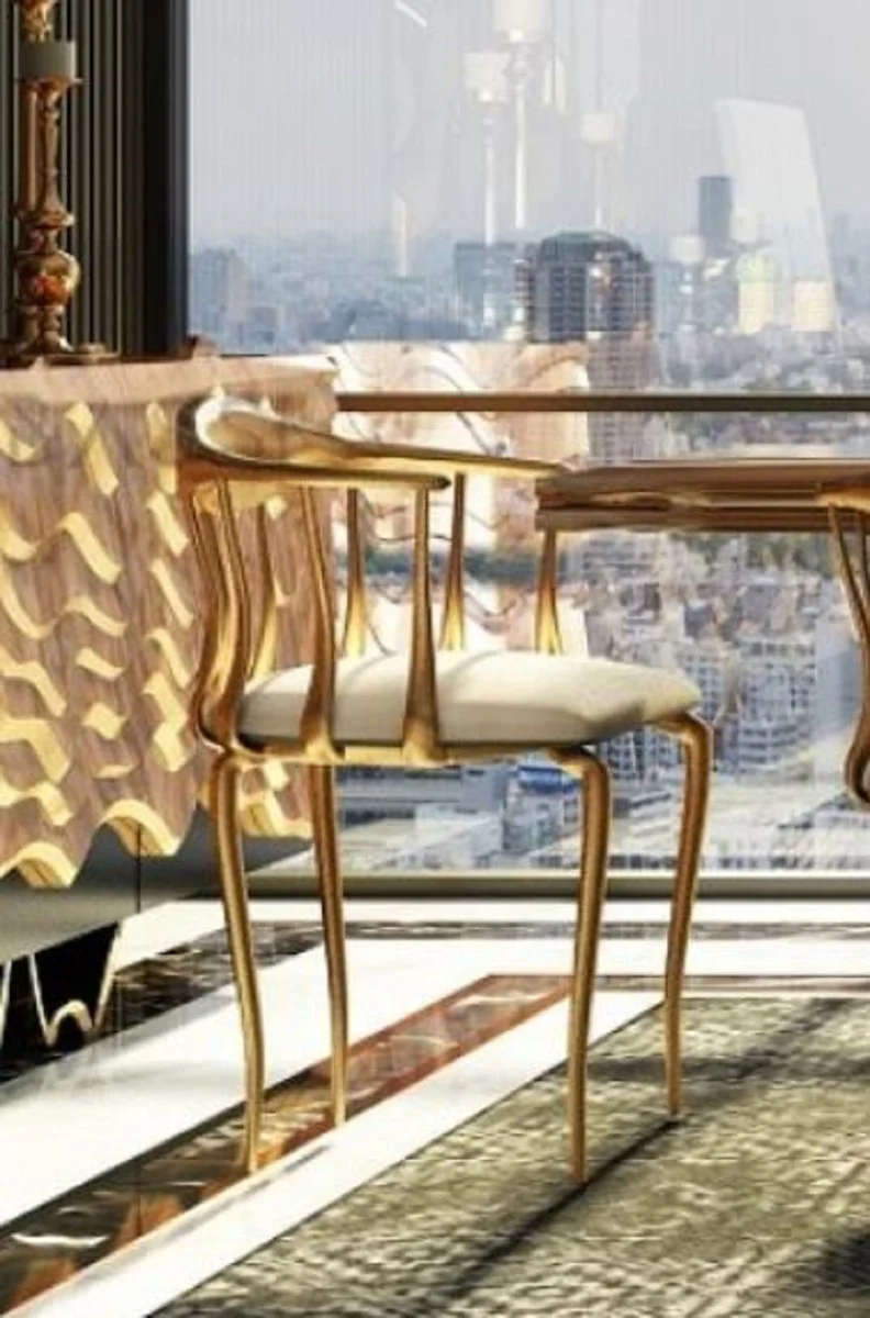 Casa Padrino Luxus Esszimmer Stuhl mit Armlehnen Creme / Gold - Gepolsterter Edelstahl Küchen Stuhl - Esszimmer Möbel - Hotel Möbel - Restaurant Möbel - Luxus Möbel