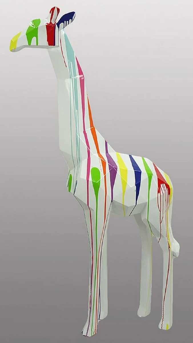 Casa Padrino Luxus Designer Deko Skulptur Giraffe Weiß / Mehrfarbig H. 200 cm - Riesige Gartenskulptur - Lebensgroße Skulptur - XXL Deko Skulptur - XXL Deko Figur - XXL Tierfigur