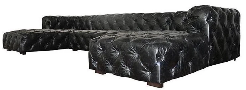 Casa Padrino Luxus Chesterfield Leder U-Form Sofa Vintage Schwarz / Braun 415 x 200 x H. 74 cm - 3-Teiliges Echtleder Wohnzimmer Sofa - Wohnzimmer Möbel - Chesterfield Möbel - Luxus Möbel