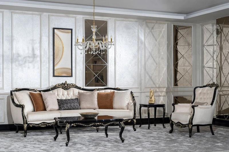 Casa Padrino Luxus Barock Wohnzimmer Sofa Creme / Schwarz / Gold - Handgefertigtes Barockstil Sofa mit dekorativen Kissen - Luxus Wohnzimmer Möbel im Barockstil - Barock Möbel - Edel & Prunkvoll