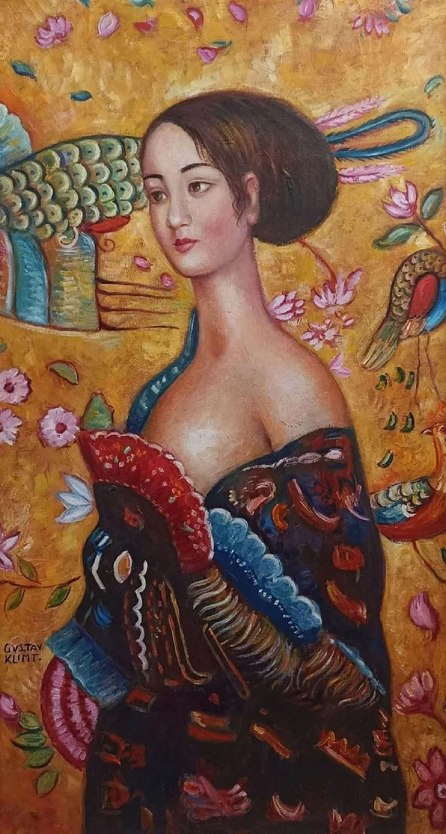 Vintage Öl Gemälde nach Gustav Klimt Lady 60,96 x H. 101,60 cm - Authentisches Antik Gemälde nach Original - Handgemalt