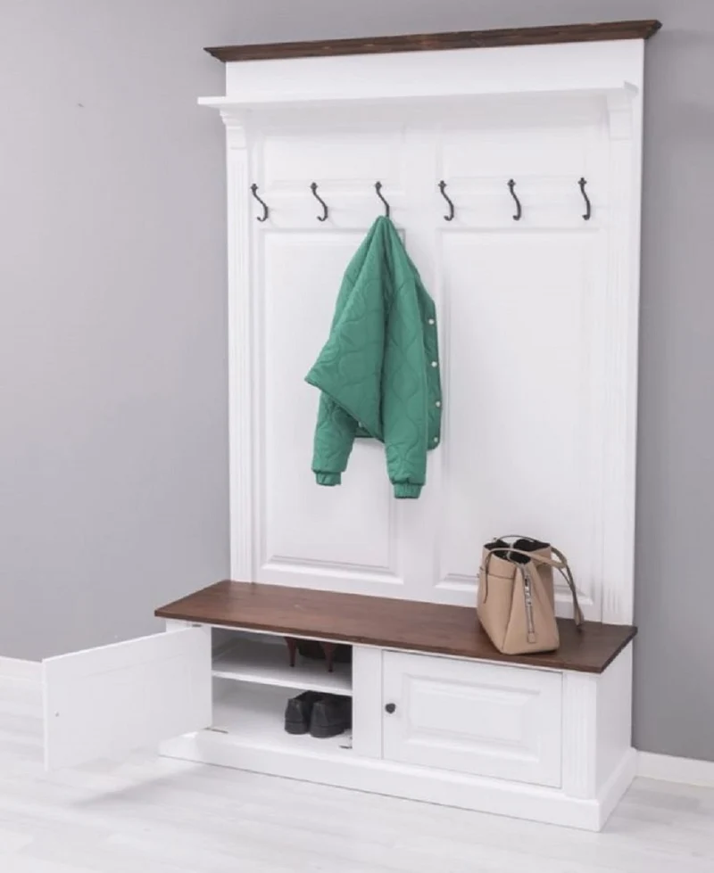 Casa Padrino Landhausstil Massivholz Garderobenschrank Weiß / Dunkelbraun 140 x 41 x H. 210 cm - Wand Garderobe - Flur Schrank - Flurmöbel - Garderobenmöbel - Landhausstil Möbel