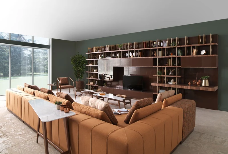 Casa Padrino Luxus TV Schrank Dunkelbraun / Braun / Messing 576 x 60 x H. 224 cm - Riesiger Massivholz Wohnzimmer Schrank - Wohnzimmer Möbel - Hotel Möbel - Luxus Möbel