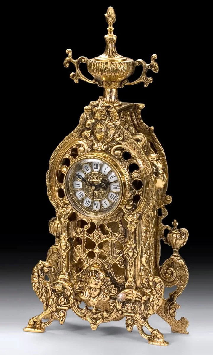 Casa Padrino Luxus Barock Tischuhr Gold 24 x H. 50 cm - Handgefertigte Bronze Uhr im Barockstil - Barock Schreibtischuhr - Barock Schreibtisch Deko - Barock Deko Accessoires - Barockstil Uhren