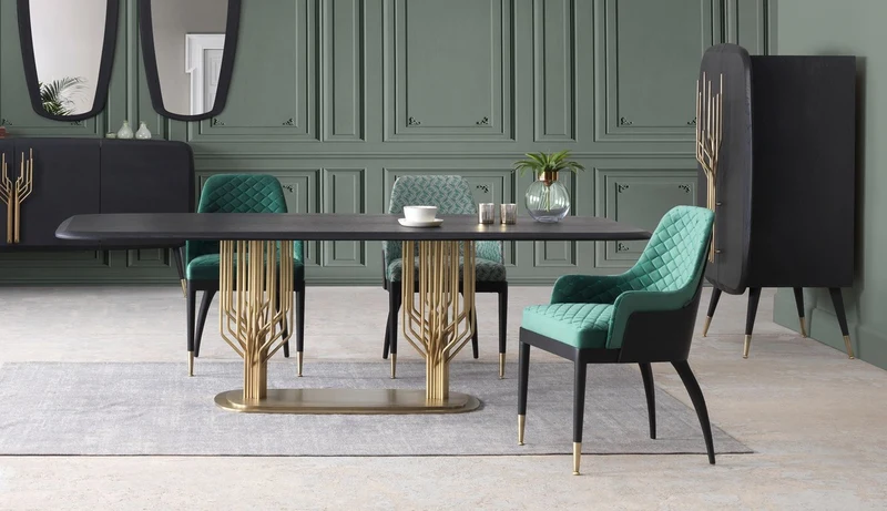 Casa Padrino Luxus Esszimmerstuhl 6er Set mit Armlehnen Grün / Schwarz / Messing 55 x 59 x H. 88 cm - Esszimmer Möbel - Restaurant Möbel - Esszimmer Einrichtung - Luxus Möbel - Luxus Einrichtung