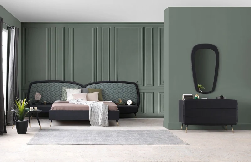 Casa Padrino Luxus Schlafzimmer Set Grün / Schwarz / Antik Messing - 1 Doppelbett mit Kopfteil & 2 Nachtkommoden - Luxus Schlafzimmer Möbel - Luxus Schlafzimmer Einrichtung