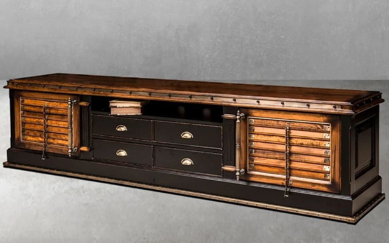 Casa Padrino Luxus Vintage Stil TV Schrank Braun / Naturfarben / Schwarz 255 x 48,5 x H. 61 cm - Vintage Stil Sideboard mit 2 Türen und 4 Schubladen - Luxus Vintage Stil Wohnzimmer Möbel