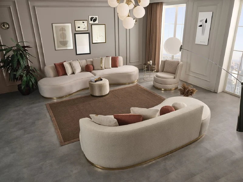 Casa Padrino Luxus Sofa Creme / Gold 270 x 120 x H. 76 cm - Gebogenes Wohnzimmer Sofa - Hotel Sofa - Wohnzimmer Möbel - Hotel Möbel - Luxus Möbel - Luxus Einrichtung - Wohnzimmer Einrichtung