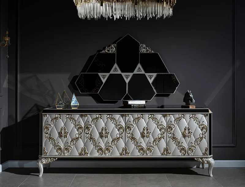 Casa Padrino Luxus Barock Möbel Set Sideboard mit Spiegel Weiß / Gold / Schwarz - Edler Massivholz Schrank mit elegantem Wandspiegel - Möbel im Barockstil