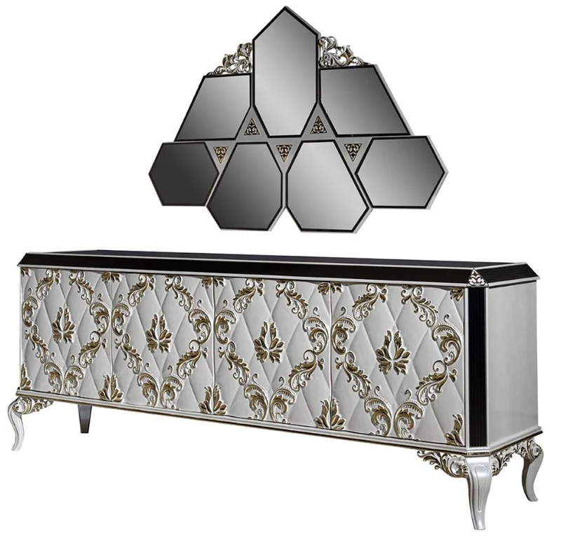 Casa Padrino Luxus Barock Möbel Set Sideboard mit Spiegel Weiß / Gold / Schwarz - Edler Massivholz Schrank mit elegantem Wandspiegel - Möbel im Barockstil