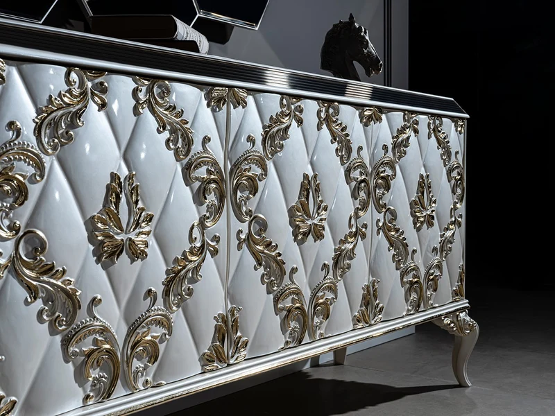 Casa Padrino Luxus Barock Möbel Set Sideboard mit Spiegel Weiß / Gold / Schwarz - Edler Massivholz Schrank mit elegantem Wandspiegel - Möbel im Barockstil