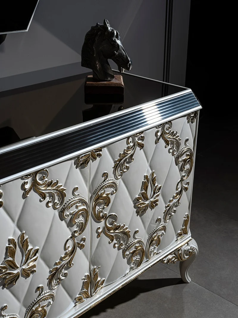 Casa Padrino Luxus Barock Möbel Set Sideboard mit Spiegel Weiß / Gold / Schwarz - Edler Massivholz Schrank mit elegantem Wandspiegel - Möbel im Barockstil