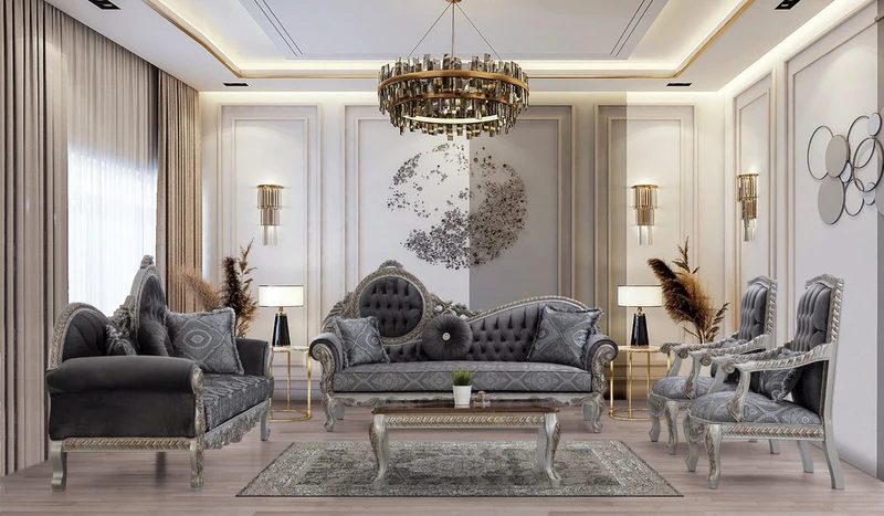 Casa Padrino Luxus Barock Wohnzimmer Set Grau / Blau / Silber / Bronze - 2 Sofas & 2 Sessel & 1 Couchtisch - Prunkvolle Wohnzimmer Möbel im Barockstil
