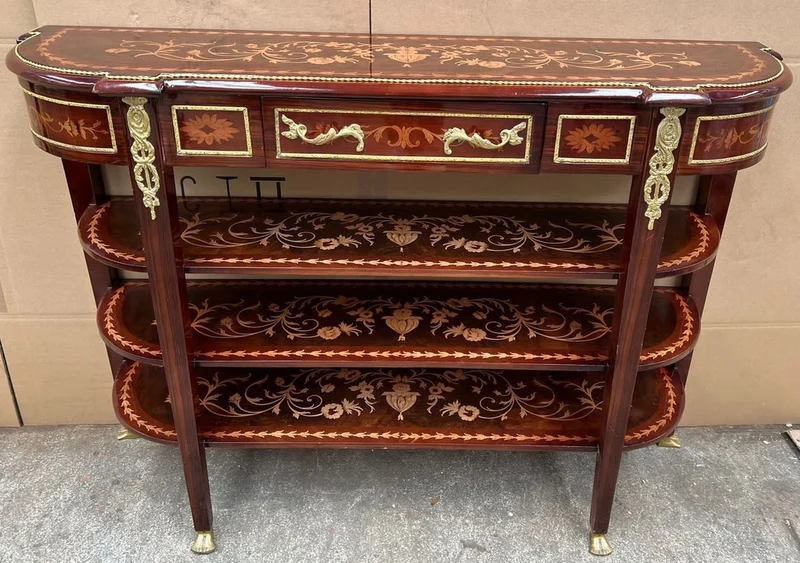 Casa Padrino Barock Konsole Dunkelbraun / Braun Intarsien / Gold - Handgefertigter Konsolentisch im Barockstil - Prunkvolle Barockstil Konsole - Barock Möbel - Antik Stil Möbel - Barockstil Möbel