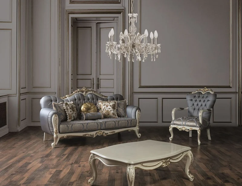 Casa Padrino Luxus Barock Wohnzimmer Sessel mit Glitzersteinen Blau / Weiß / Gold 95 x 80 x H. 115 cm - Edle Wohnzimmer Möbel im Barockstil