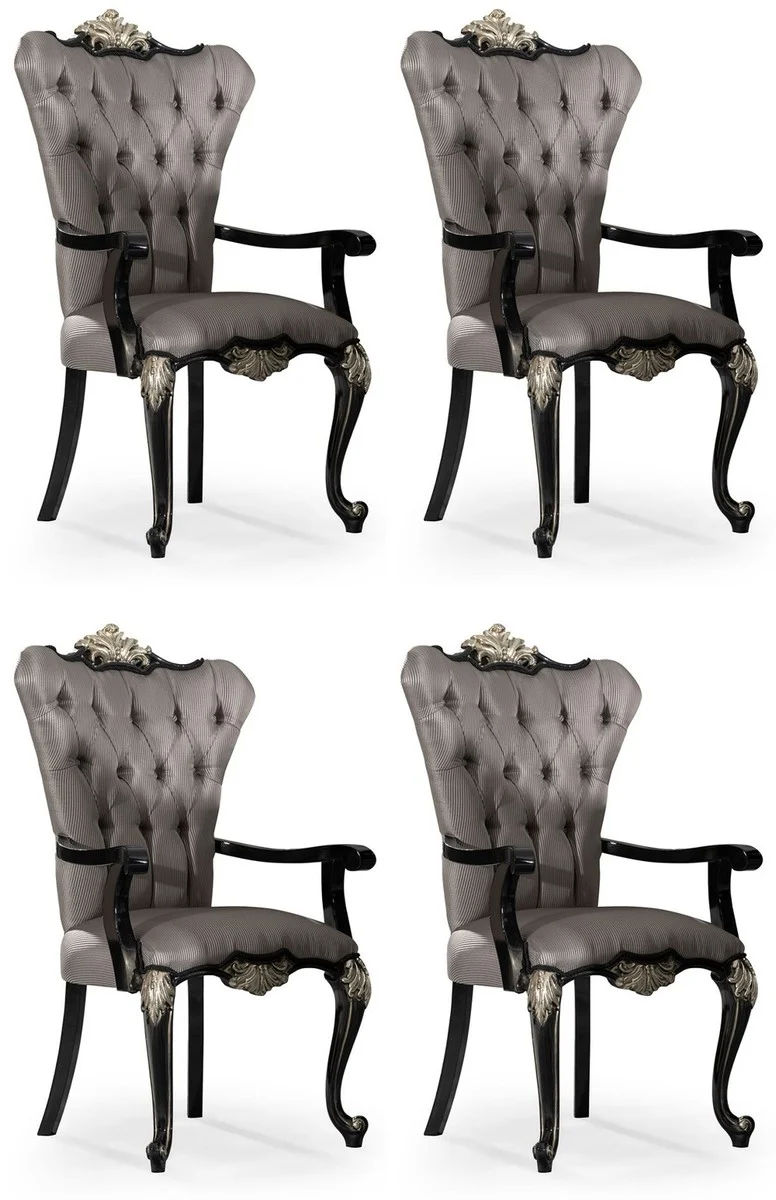 Casa Padrino Luxus Barock Esszimmer Stuhl 4er Set mit Armlehnen Silber / Schwarz / Silber - Prunkvolle Barockstil Küchen Stühle - Luxus Barock Esszimmer Möbel - Edel & Prunkvoll