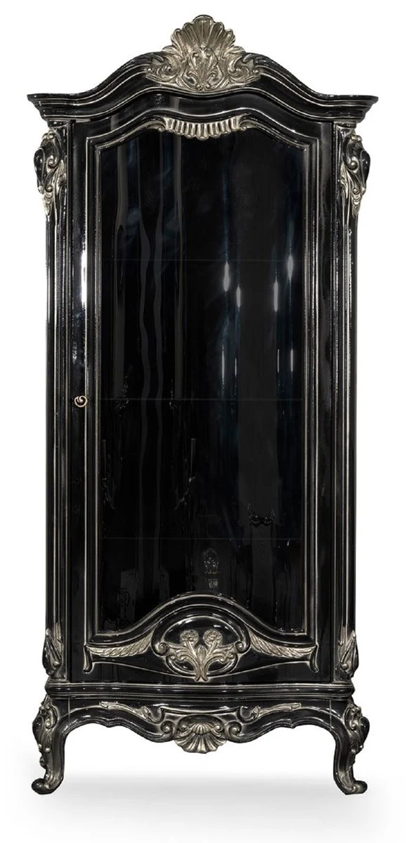 Casa Padrino Luxus Barock Vitrine Schwarz / Silber - Prunkvoller Massivholz Vitrinenschrank mit Glastür - Handgefertigte Barock Möbel - Edel & Prunkvoll