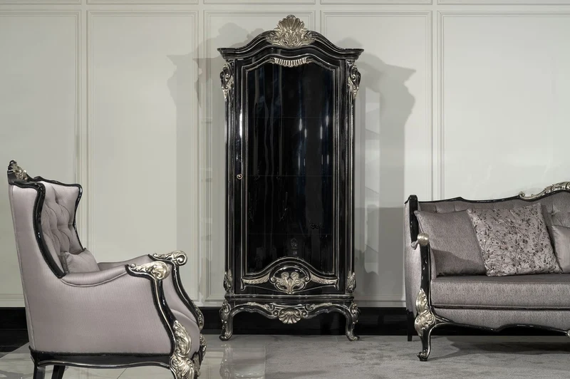 Casa Padrino Luxus Barock Vitrine Schwarz / Silber - Prunkvoller Massivholz Vitrinenschrank mit Glastür - Handgefertigte Barock Möbel - Edel & Prunkvoll