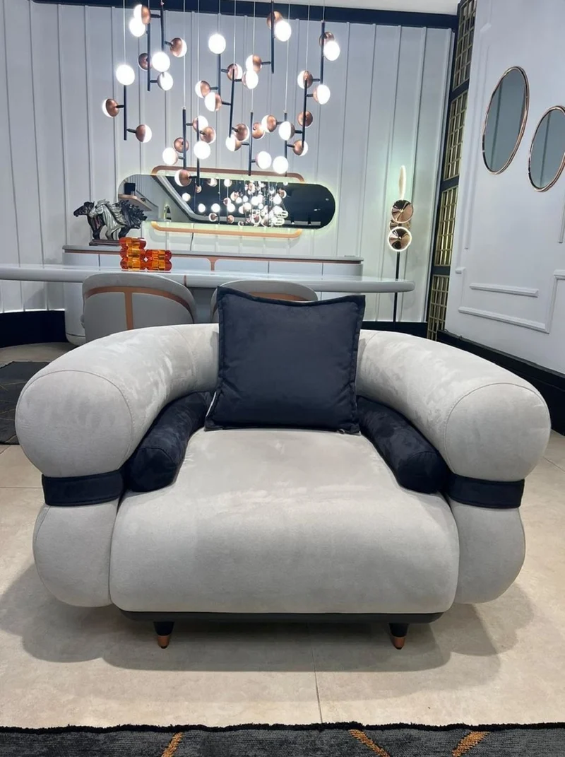 Casa Padrino Luxus Sessel Grau / Blau / Schwarz / Kupfer 110 x 88 x H. 65 cm - Wohnzimmer Sessel - Hotel Sessel - Wohnzimmer Möbel - Hotel Möbel - Luxus Möbel - Luxus Einrichtung