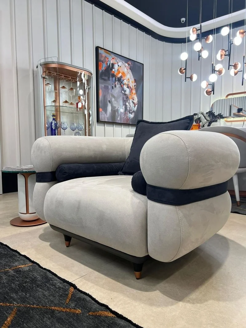 Casa Padrino Luxus Sessel Grau / Blau / Schwarz / Kupfer 110 x 88 x H. 65 cm - Wohnzimmer Sessel - Hotel Sessel - Wohnzimmer Möbel - Hotel Möbel - Luxus Möbel - Luxus Einrichtung
