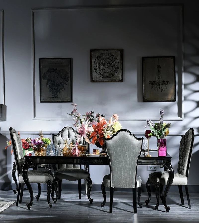 Casa Padrino Luxus Barock Esstisch Schwarz / Braun 210 x 110 x H. 78 cm - Edler Massivholz Küchentisch mit Glasplatte und Spiegelglas - Barock Esszimmer Möbel - Luxus Qualität - Made in Italy